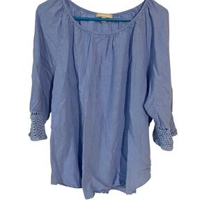 Woman Within Light Blue Blouse with Crochet Accents